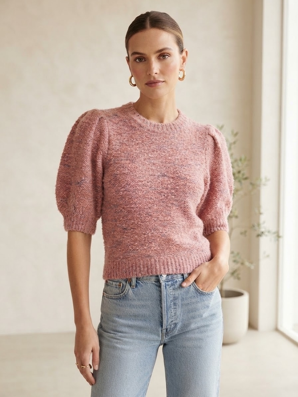 Treasure & Bond Pink Puff-Sleeve Crewneck Sweater